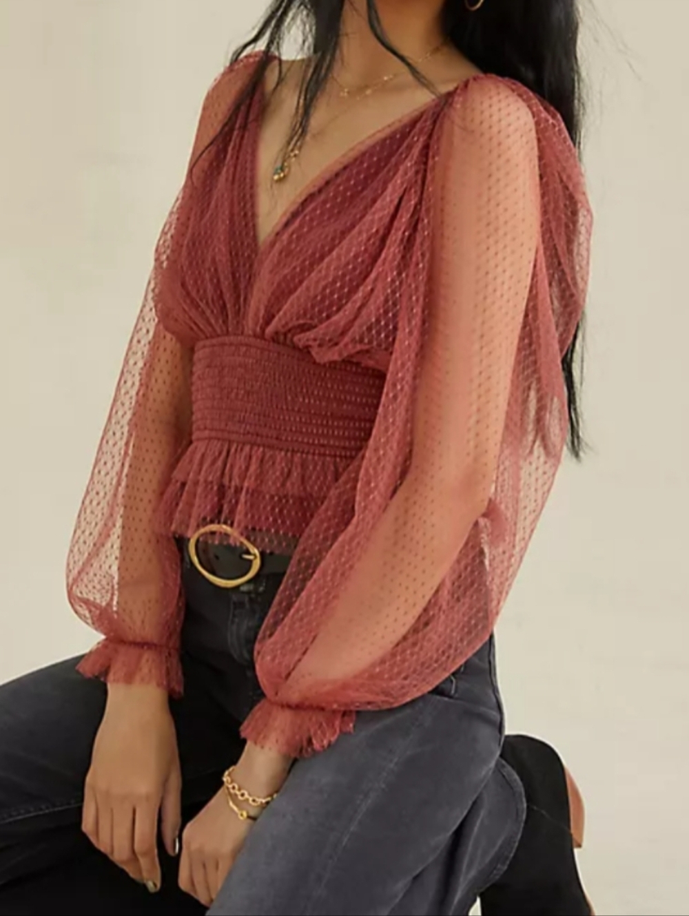 Anthropologie Sheer Tulle Sleeve Smocked Waist Peplum Top in burgundy. 